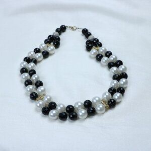 Vintage Black & White Beaded Statement Necklace with Pearl Accents